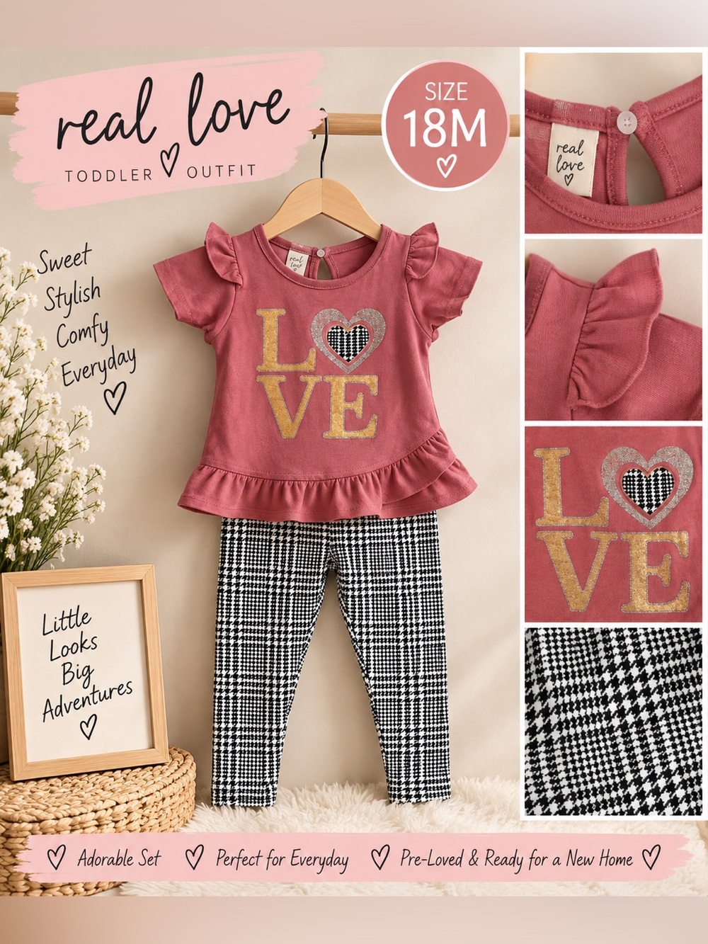 Real Love Girls 18M Pink LOVE Top & Houndstooth Leggings 2-Piece Outfit